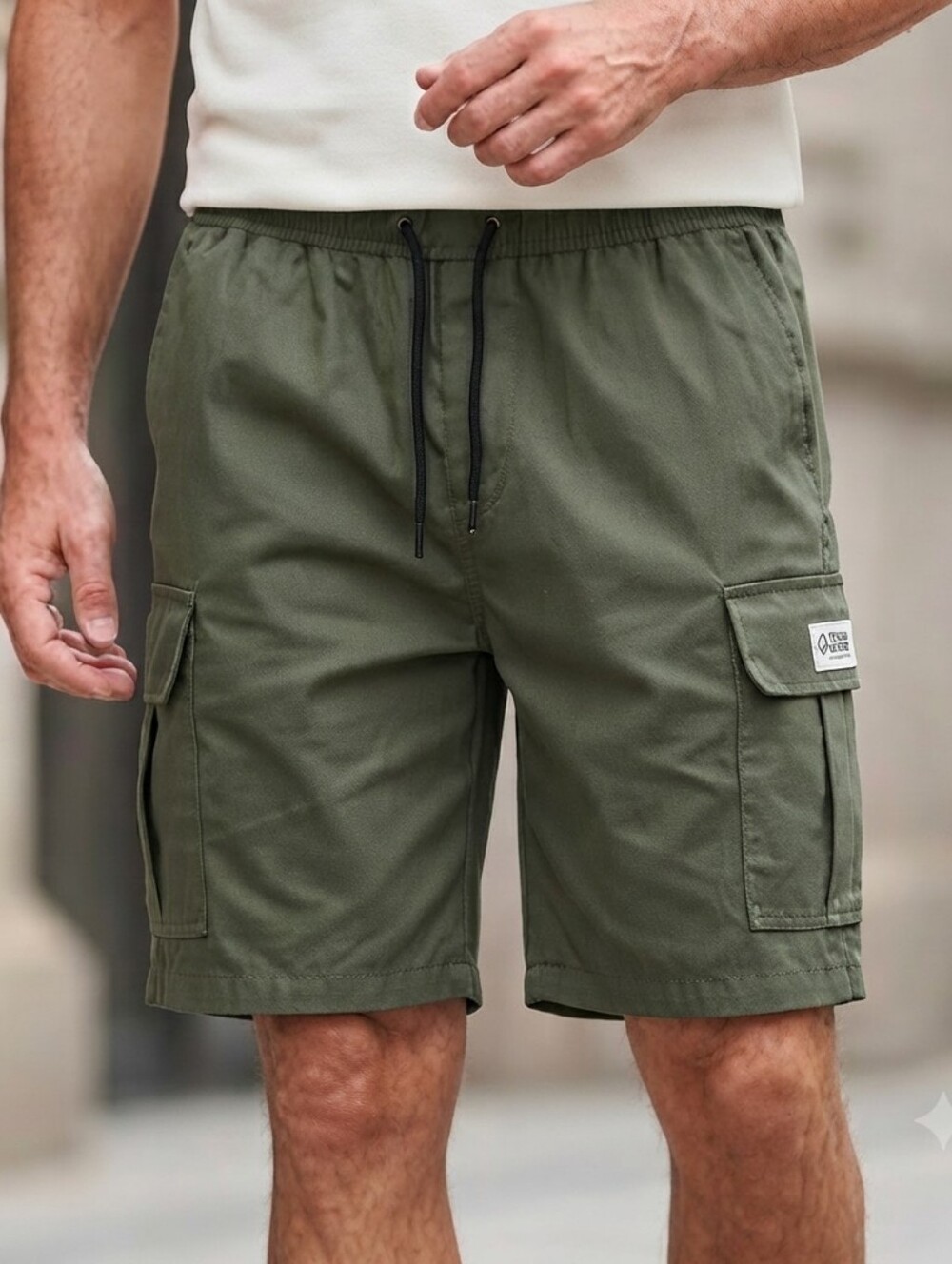 Men's Olive Green Cargo Casual Shorts with Drawstring Waist